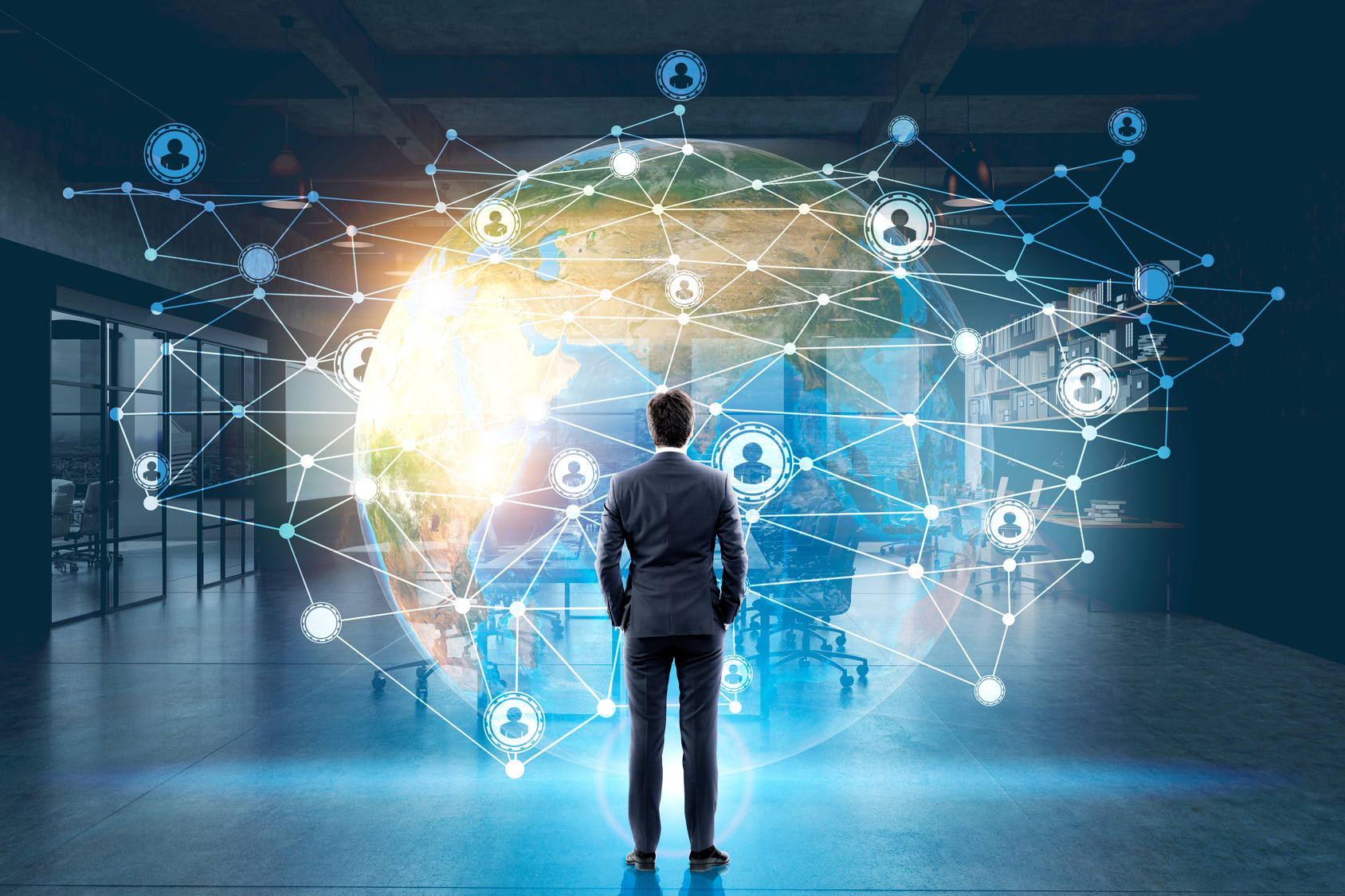 Rear view of a buisnessman looking at large network and Earth holograms in the air in front of him. Elements of this image furnished by NASA. Toned image. Double exposure